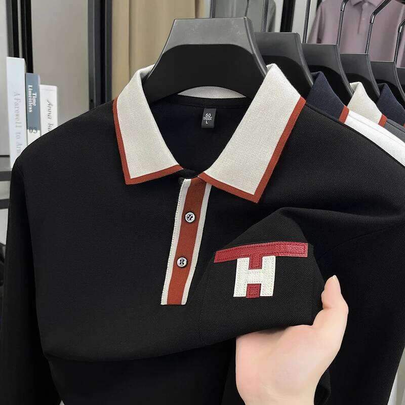 Light Luxury Fashion 100 Pure Cotton Polo Shirt Mens Long Sleeved Autumn New Item Middle-Aged Dad Collar Base T-Shirt2