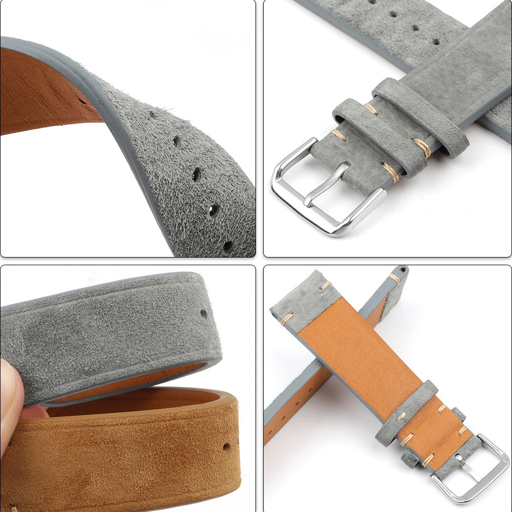 Handmade Leather Watchband 18mm 20mm 22mm 24mm Vintage Suede Watch Strap Replacement Tan Gray Beige Color for Men Women Watches 260109