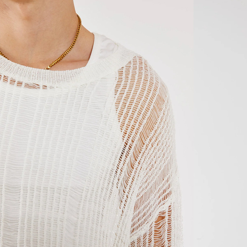 Men's Hollow Out Sheer Knit Sweater, Stretchy Loose Fit Long Sleeve Pullover, Trendy Streetwear Knitwear