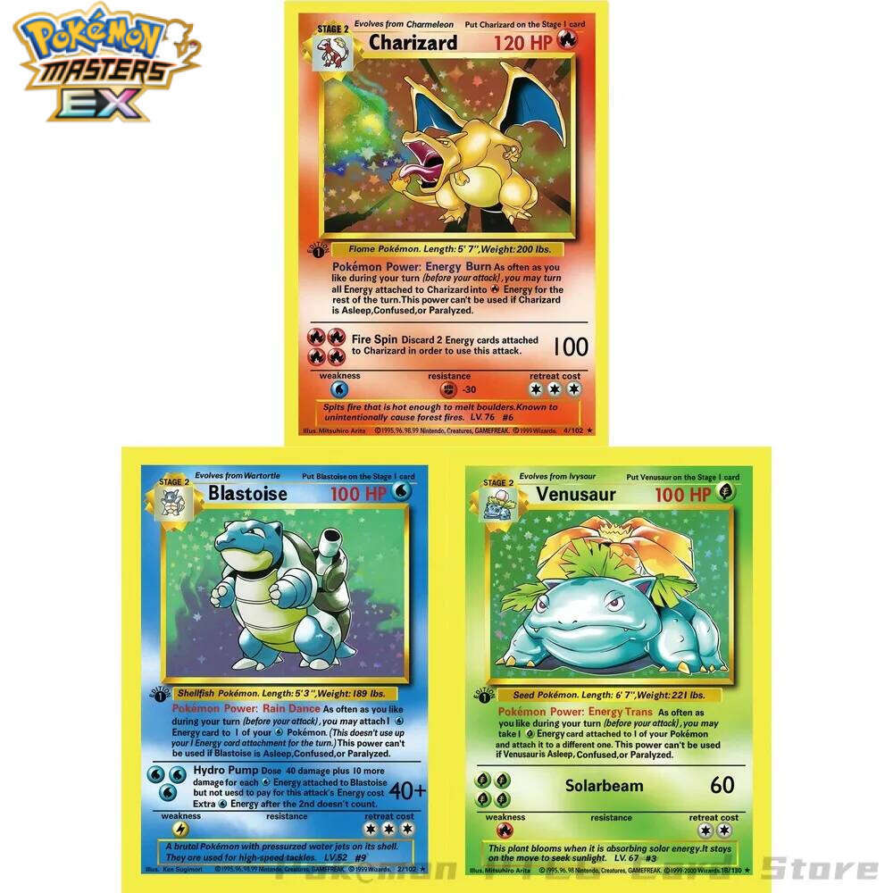 3Pcs 1995 Base Set Charizard Blastoise Venusaur Vintage PTCG Game Booster Pack Pokemon Collection Cards Gift L260114