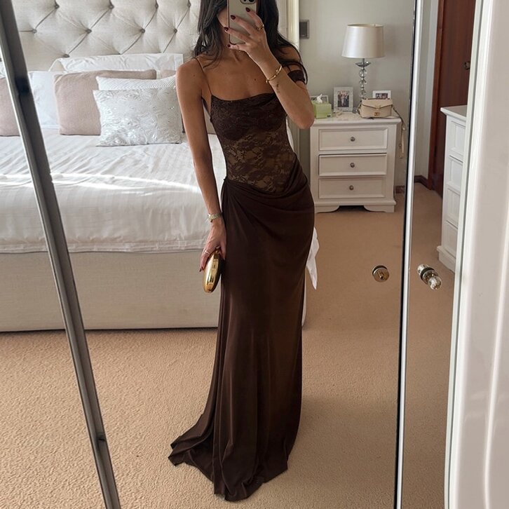 New casual dress summer solid color hollow slim fit formal occasion dress fashionable backless long women 2025 lace patchwork dress