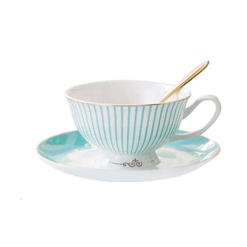 Blue striped English bone china mug with spoon dish, European coffee cup and saucer set,Advanced Porcelain Mug For tea