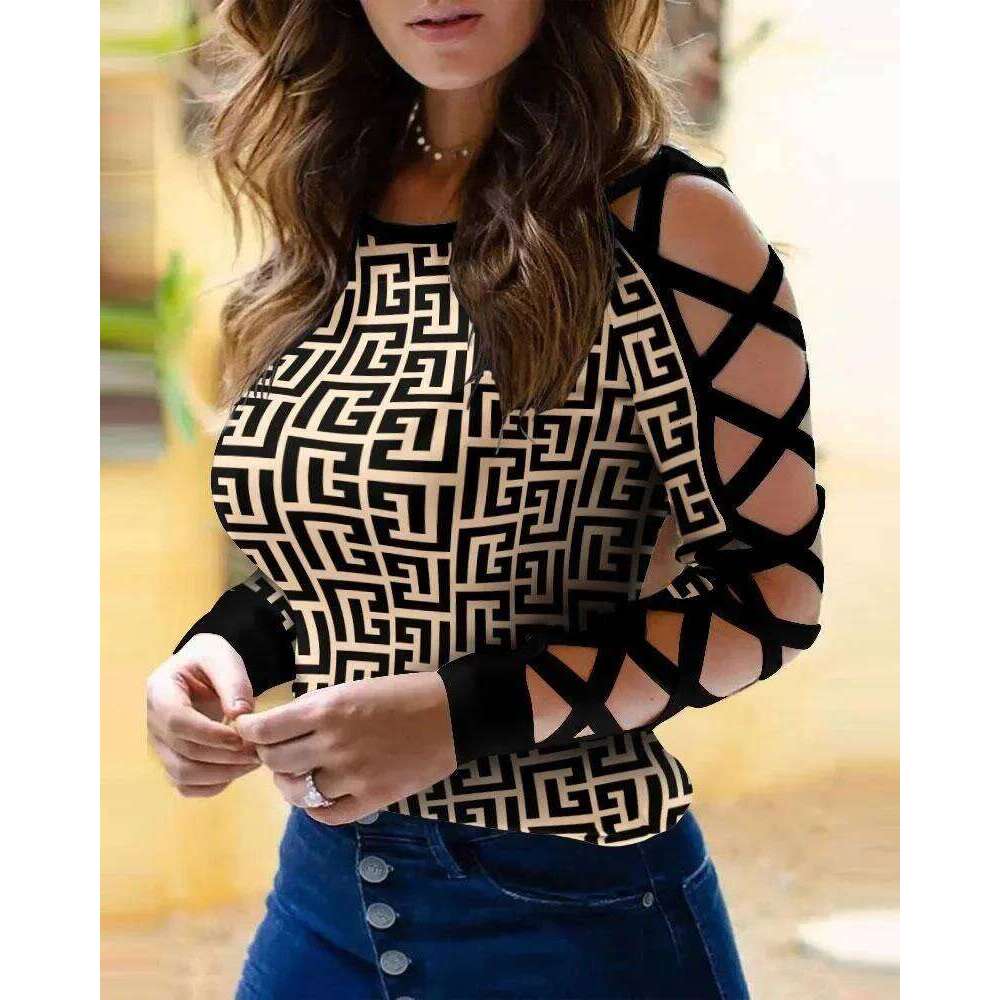 Women Geometric Print Crisscross Cold Shoulder Fashion Hot Hit Y2k Casual All-Match Top Clothing Female Blusas