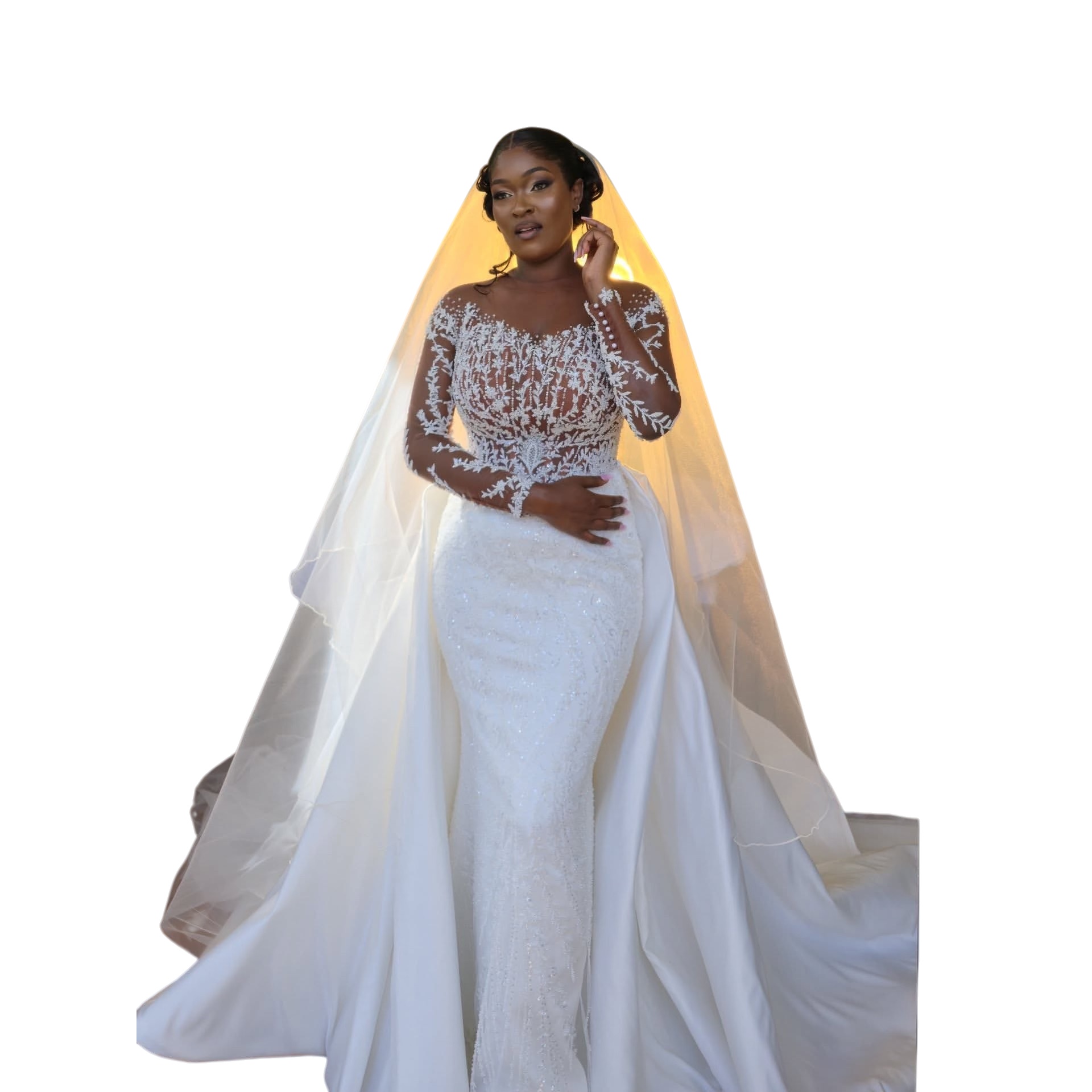 African Aso Ebi 2026 Ivory Mermaid Wedding Dress Illusion Sheer Neck Lace Beaded Full Sleeves Detachable Train Vintage Bridal Gowns Dresses ZJ233