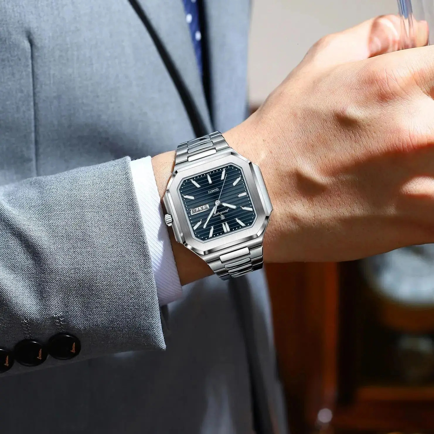 POEDAGAR Square Fashion Man Wristwatch Waterproof Luminous Date Week Quartz Mens Watches Stainless Steel Men Watch Reloj 260114