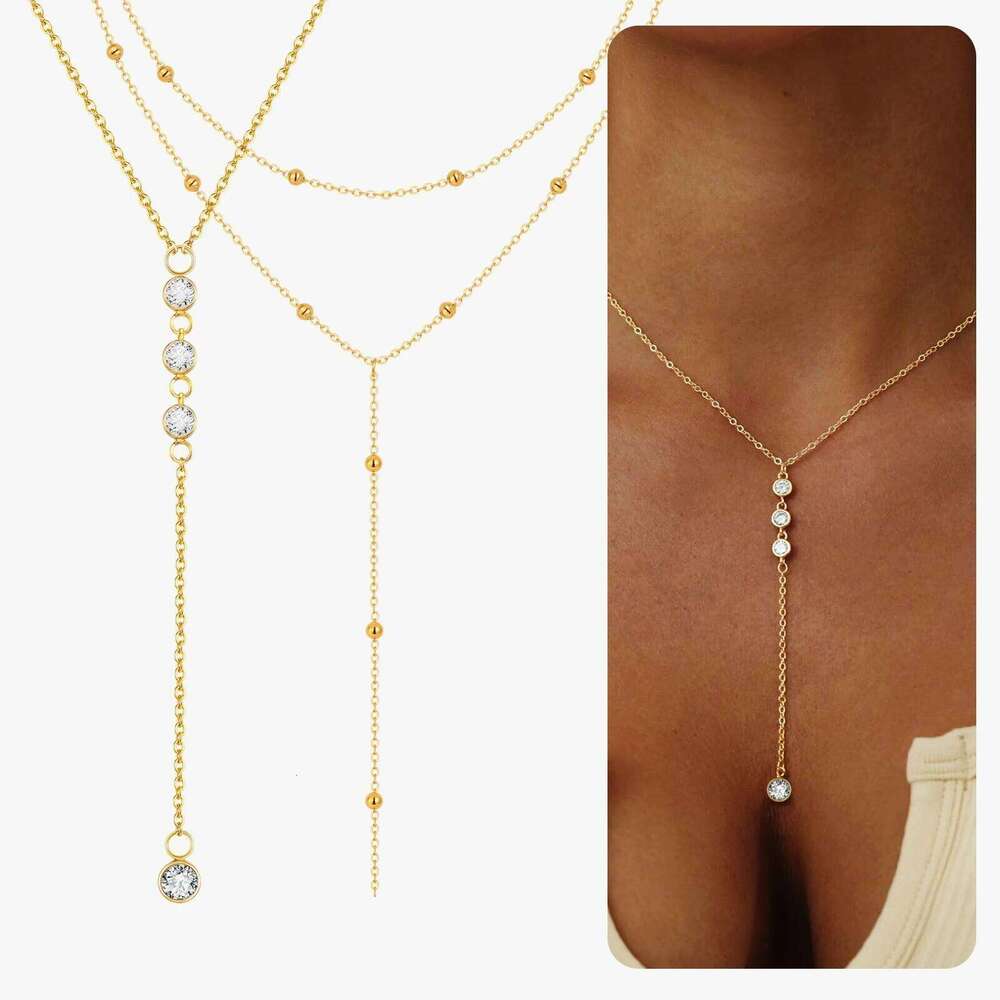 Valentine's Day 18k Gold Plated Y Lariat Necklace for Women, Laryerd Multilayer Long Chain Drop Necklace, Stainless Steel Aesthetics 26W0114
