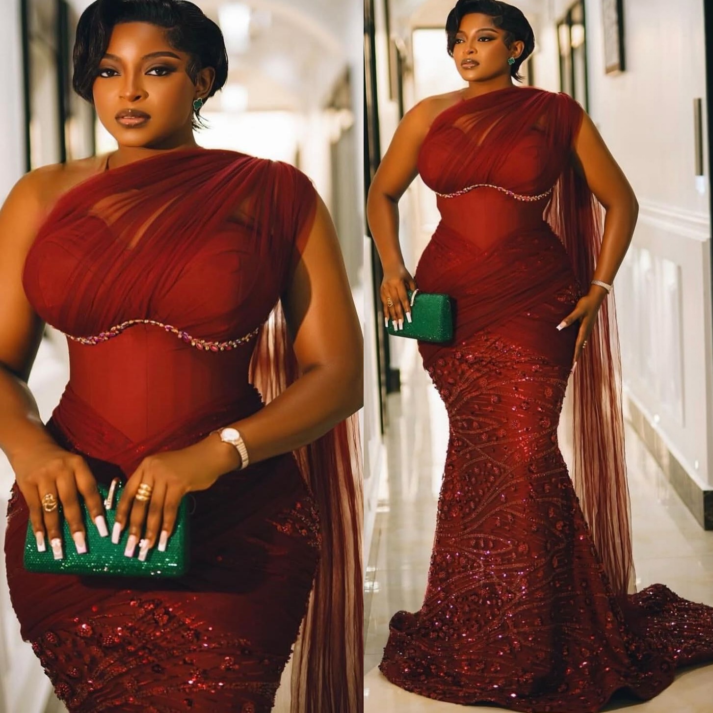 Aso Ebi Burgundy Mermaid Prom Dresses 2026 One Shoulder Crystals Sequined Evening Formal Party Second Birthday Engagement Gowns Dress For Special Occa