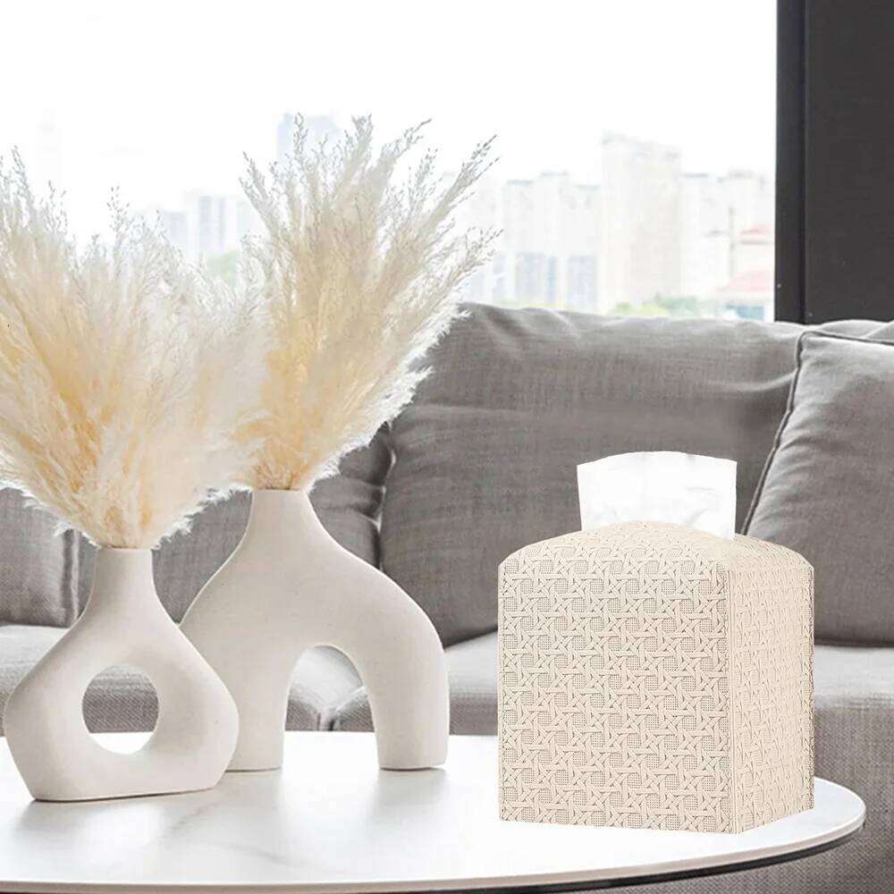 PU Leather Square Rattan Design Large-Capacity Drawer Supplies Foldable Tissue Box Cover for Home, Office, Car