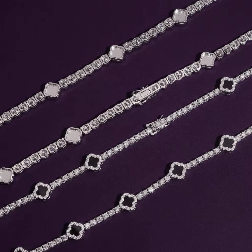 GRA 925 Solid Silver Tennis Chain 3mm 5mm Black Agate Clover Moissanite Tennis Chain Necklace Bracelet Fine Moissanite Jewelry