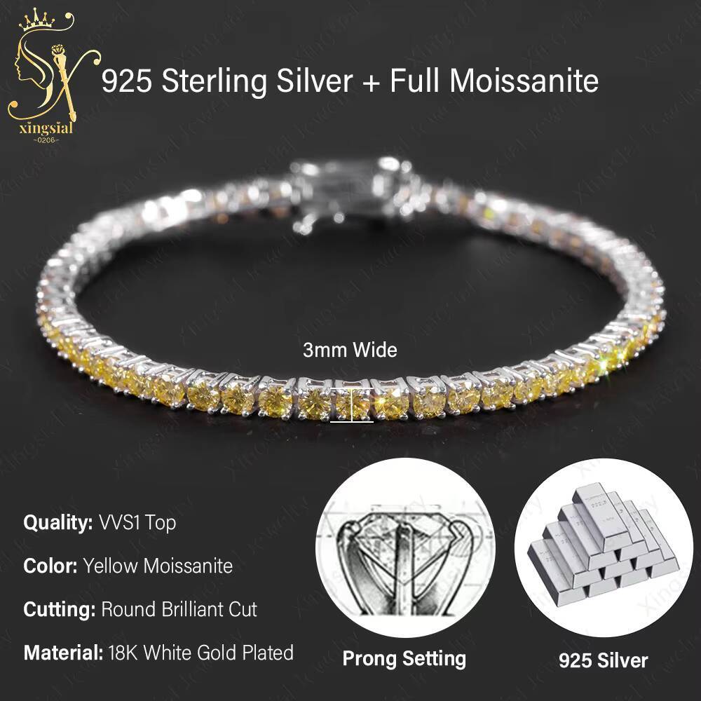 Xingsial Wholesale Hip Hop Jewelry GRA Yellow Color 925 Sterling Silver 3mm 4mm 5mm Vvs Diamond Bracelet Moissanite Tennis Chain