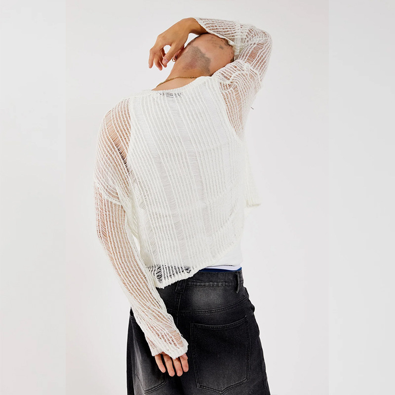 Men's Hollow Out Sheer Knit Sweater, Stretchy Loose Fit Long Sleeve Pullover, Trendy Streetwear Knitwear