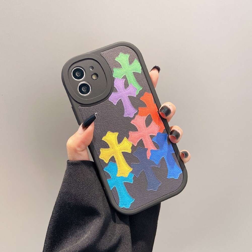 Trendy Cross Pattern iPhone Case, Leather Texture Protective Cover with Colorful Patchwork & Stitching Design, Compatible with iPhone 17 Pro Max/15/12
