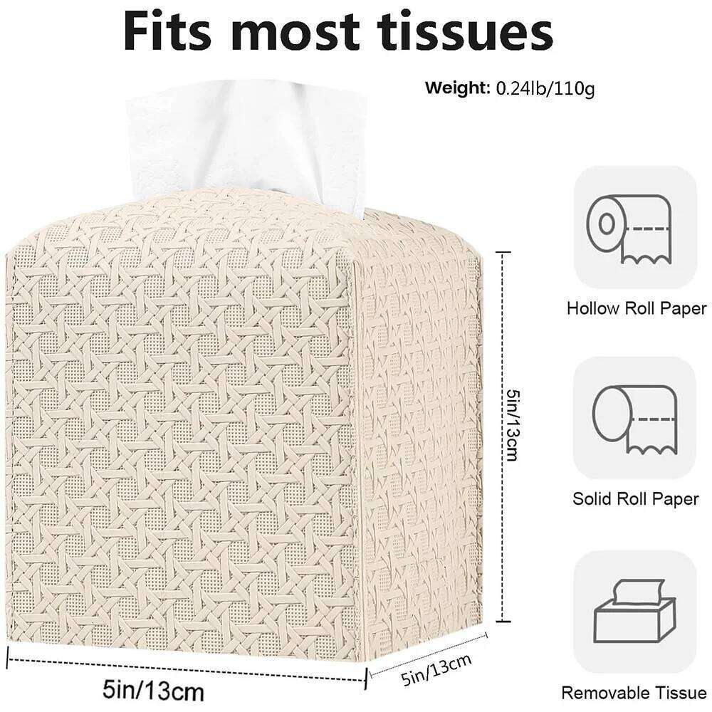 PU Leather Square Rattan Design Large-Capacity Drawer Supplies Foldable Tissue Box Cover for Home, Office, Car