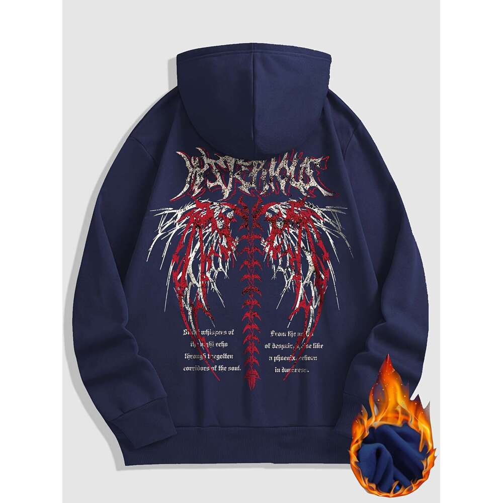 Men's Stylish Hooded Sweatshirt With Fleece, Featuring Skeleton Letters Print On Both The Front Back, Suitable Couples, Long-Sleeved Jacket, Thic