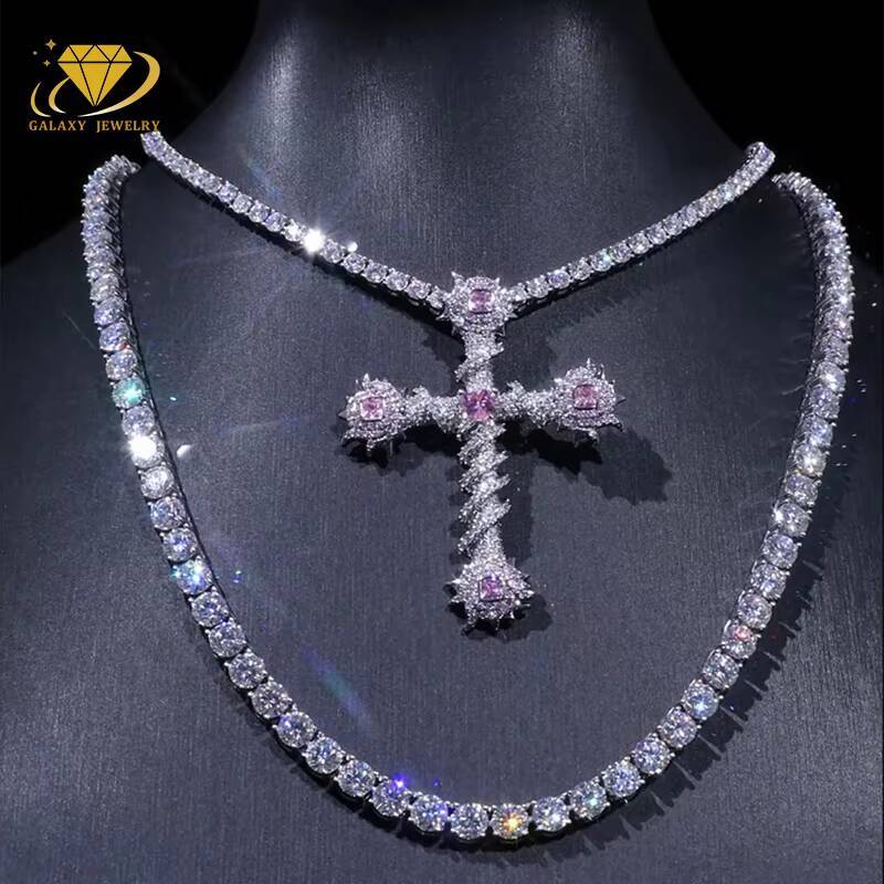 High Quality Vvs Pink Heart Moissanite Cross Pendant Hip Hop Style Moissanite 925 Silver Fine Jewelry for Women Gift