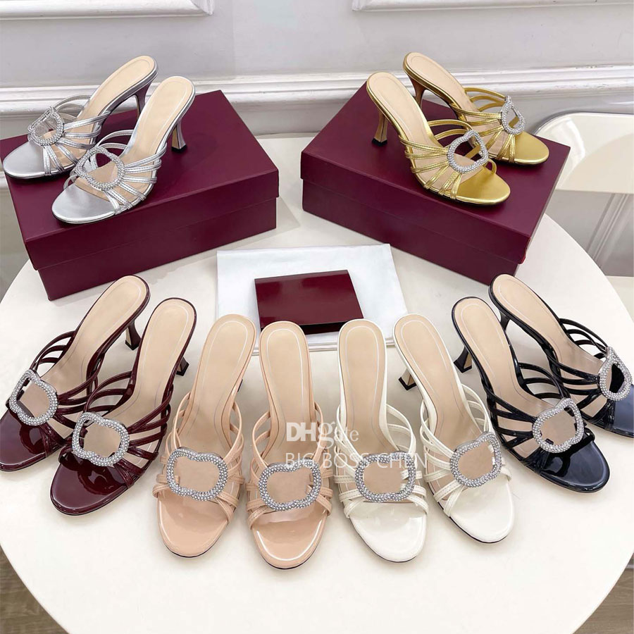 Top quality Rhinestone real Leather open toes mules shoes High-heels Slides slip on Slippers Luxury designer Sandals Wedding Evening shoes Gold Silver Scuffs