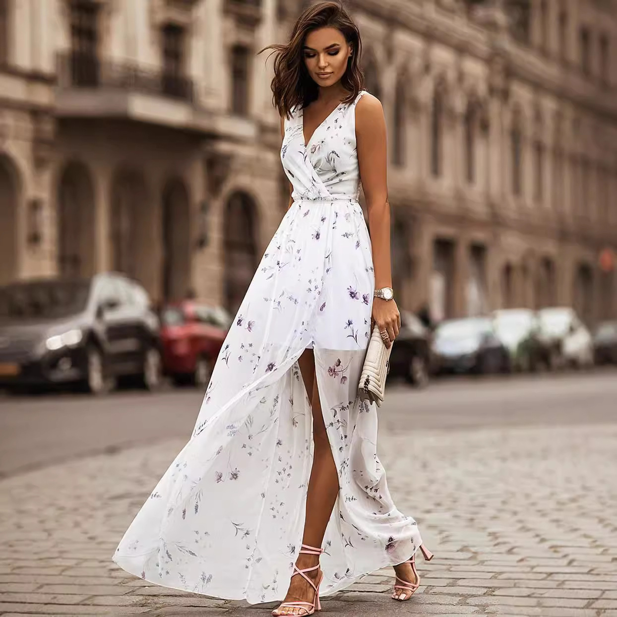 2026 Summer New Chiffon Printed Tie Dress Womens Fashion