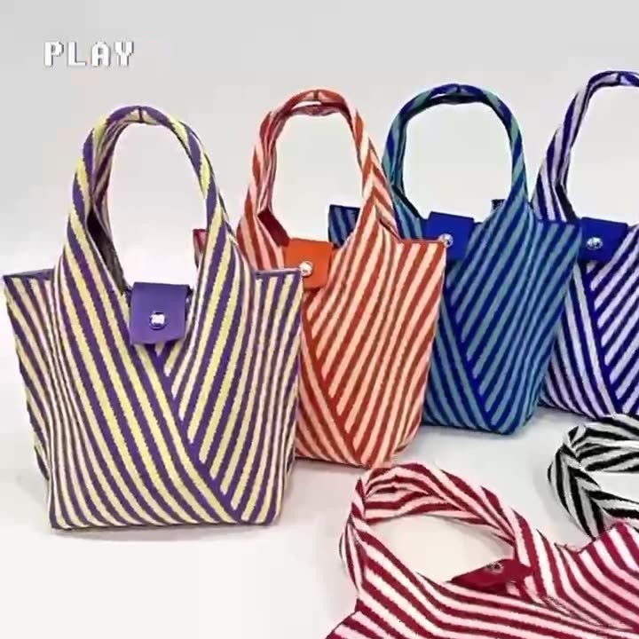 Handmade Knit Handbag Women Mini Shoulder Bag Female Casual Color Wide Stripe Plaid Tote Bag Student Cell Phone Package 240807