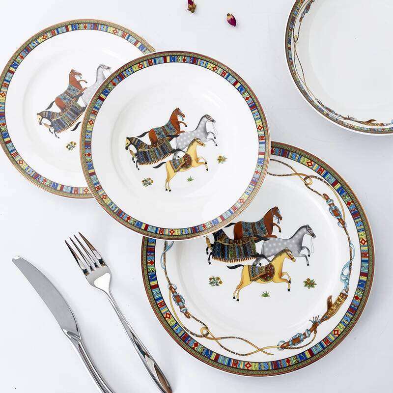 Tableware Plates Artistic Hand Painted Horse Dinner Plate Ceramic Kitchenware for Household Dining Room Serving Dish Decor