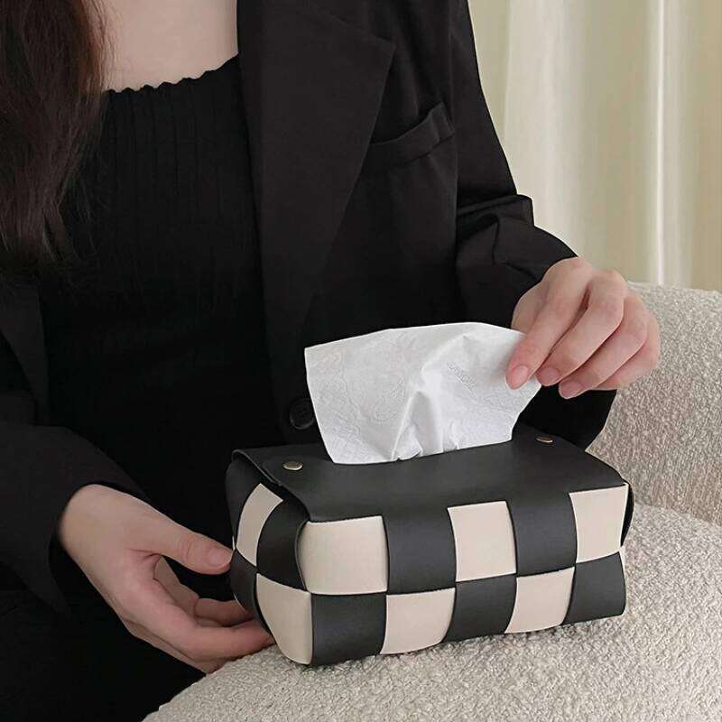 Household Items Checkerboard Woven PU Leather Tissue Box Cover Kitchenware Organizer for Living Room Bedroom Office Outdoor Restaurant Durable