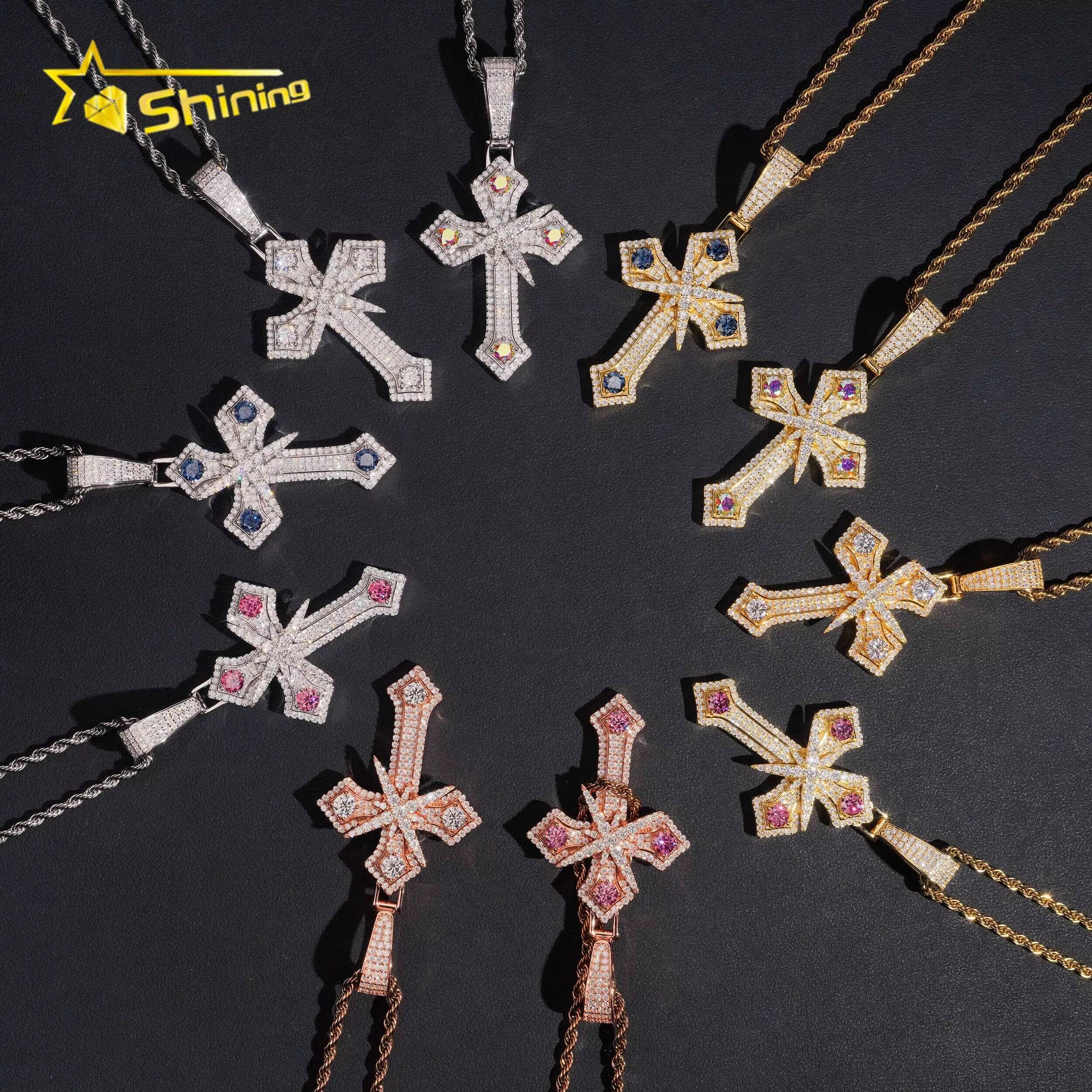 Hot Selling Hip Hop VVS Colorful Moissanite Cross Pendant Fine Jewelry Custom Men Iced Out Moissanite Pendant Charms