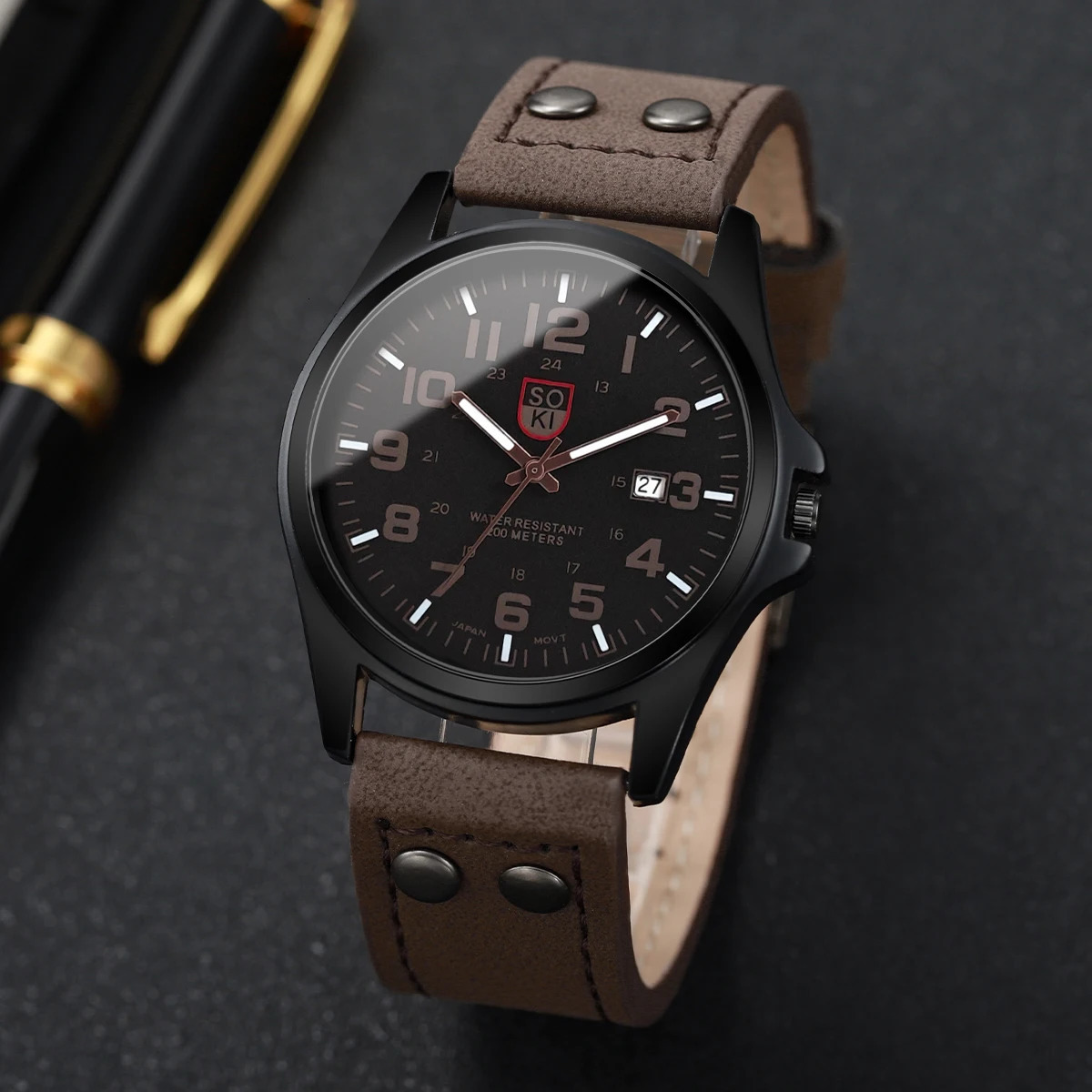 Fashion Arabic Dial Men Quartz Watch Casual Leather Strap Mens Calendar Sports Watches 260114