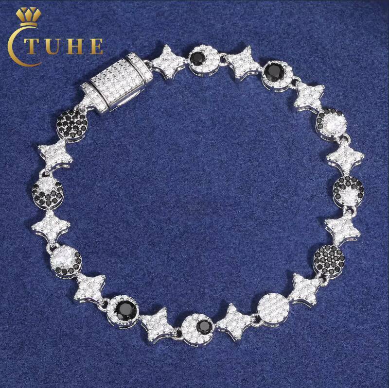 Pass Diamond Tester Moissanite Jewelry Rapper 925 Sterling Silver 6mm White Gold Sun Moon Star Link Chain Bracelet