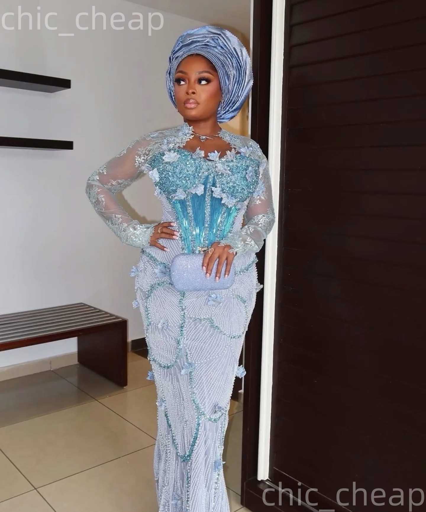 Aso Ebi Nigerian Light Sky Blue Sheath Prom Dresses 2026 Flowers Beaded Sequined Evening Formal Party Second Birthday Engagement Gowns Dress For Speci