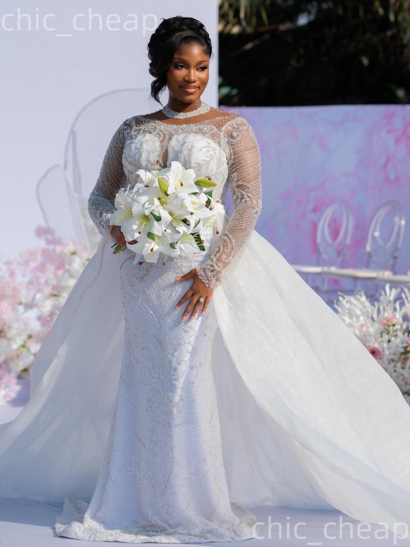 African Aso Ebi 2026 White Mermaid Wedding Dress Beaded Crystals Sequined Detachable Train Sparkly Bridal Gowns Dresses ZJ221