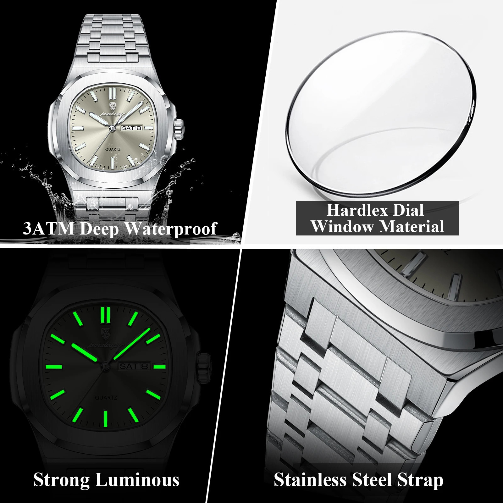 POEDAGAR Military Man Watch Square Waterproof Luminous Date Week Men Watch Stainless Steel Quartz Mens Watches Relojbox 260114
