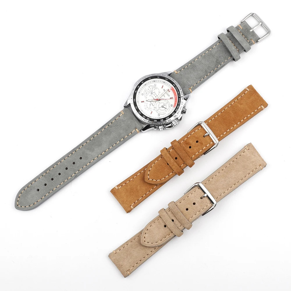 Handmade Leather Watchband 18mm 20mm 22mm 24mm Vintage Suede Watch Strap Replacement Tan Gray Beige Color for Men Women Watches 260109
