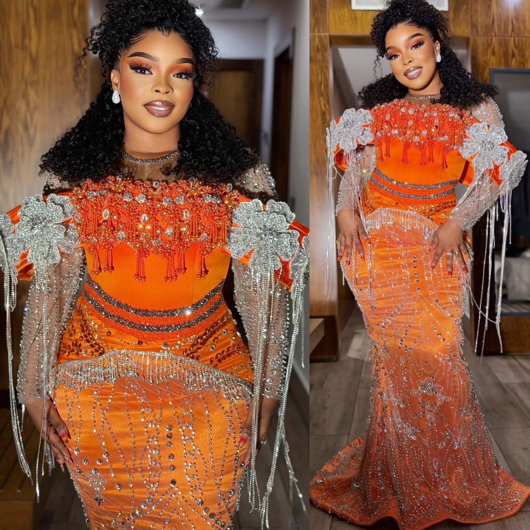 Aso Ebi Orange Mermaid Prom Dresses 2026 Flowers Crystals Tassels Sequined Evening Formal Party Second Birthday Engagement Gowns Dress For Special Occ