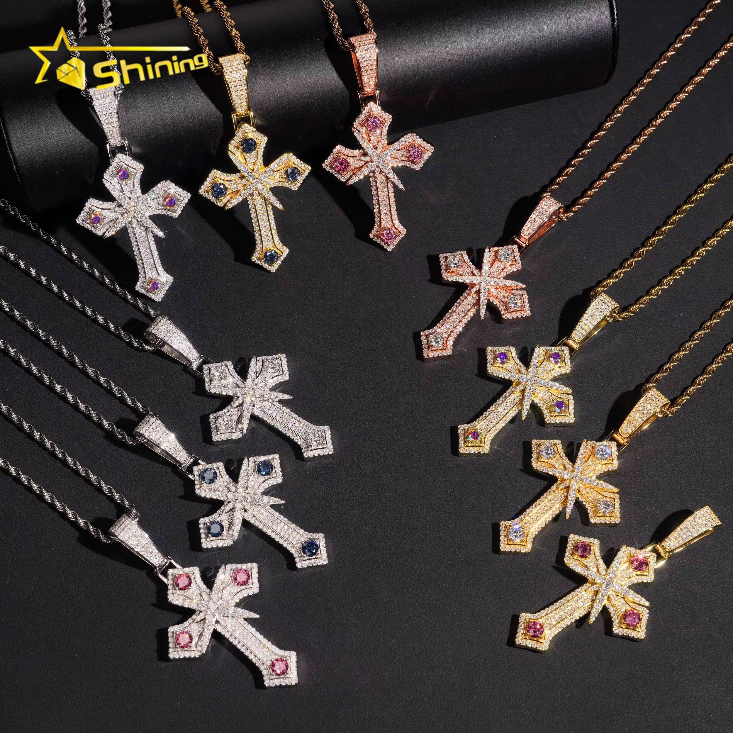 Hot Selling Hip Hop VVS Colorful Moissanite Cross Pendant Fine Jewelry Custom Men Iced Out Moissanite Pendant Charms