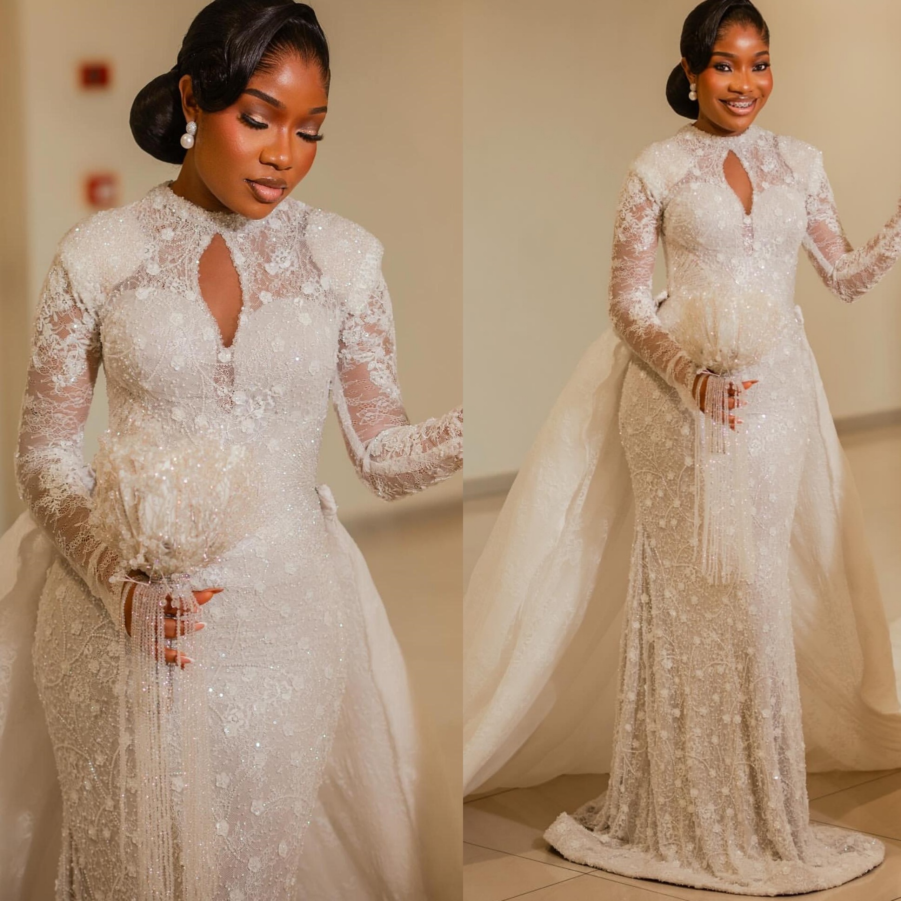 African Aso Ebi 2026 Ivory Mermaid Wedding Dress Floral Lace Beaded Full Sleeves Detachable Train Vintage Bridal Gowns Dresses ZJ222
