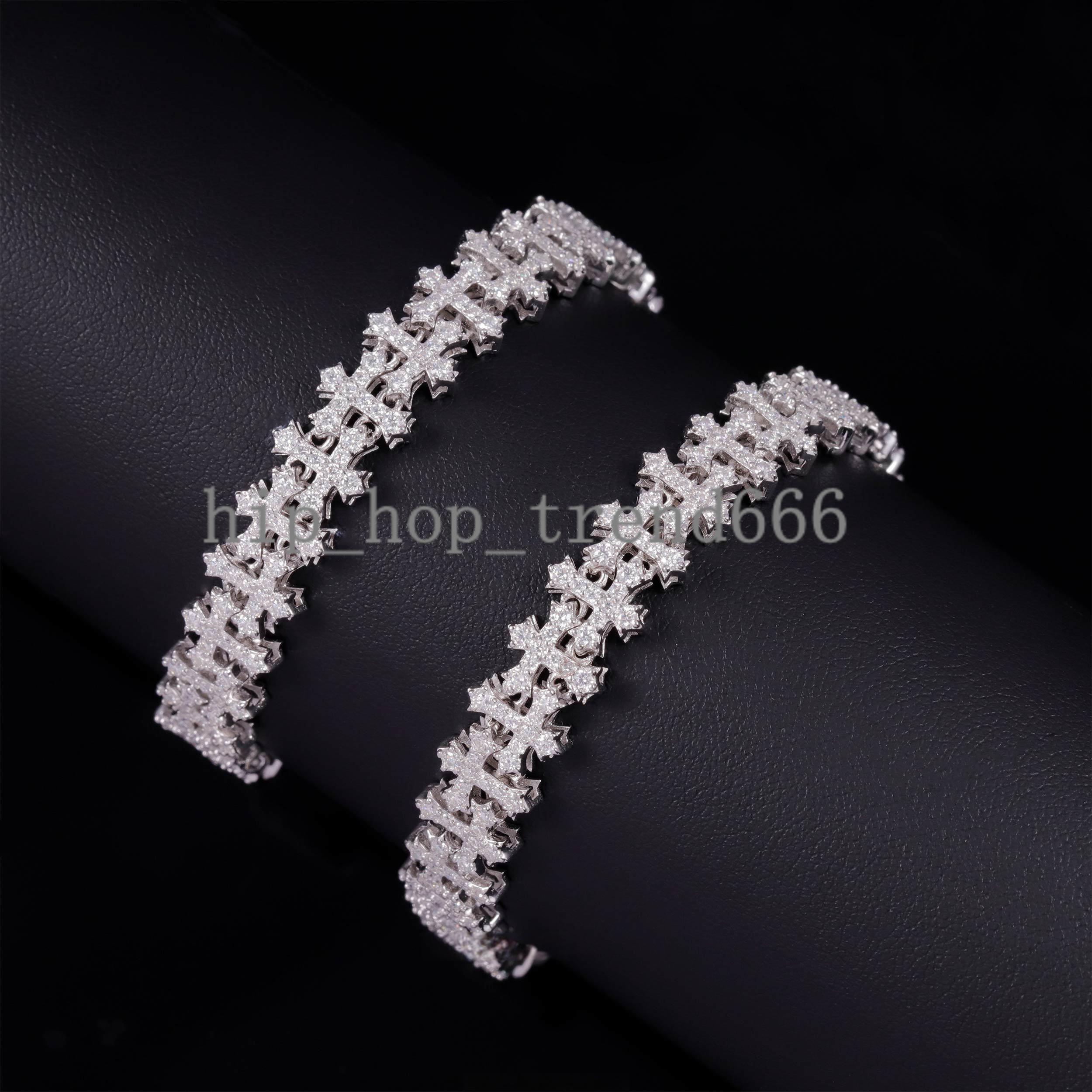 Fashion Best Selling Prong Setting 18k White Gold Plated Iced Out Jewelry Moissanite Diamond Hip Hop Cross Cuban Link Bracelet