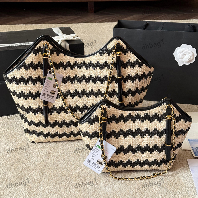 26C fashion ladies Straw Beach Shopping Bag Knitting Stripes Pattern Leather Strap Decoration Gold metal Matelasse Chain Designer Shoulder Handbag Wallet 20/32cm