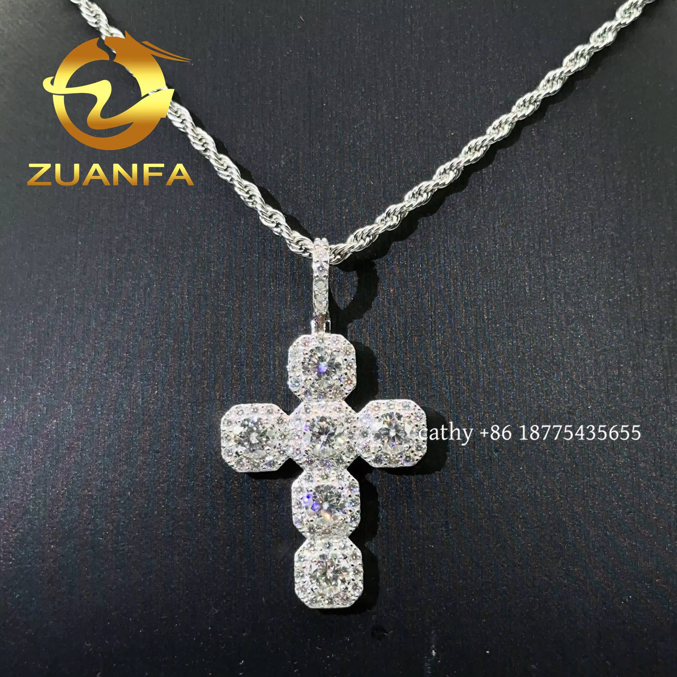 Ready to Ship D VVS Moissanite Hip Hop Iced Out Pendant 925 Silver Cross Pendant With Free Stainless Steel Rope Chain