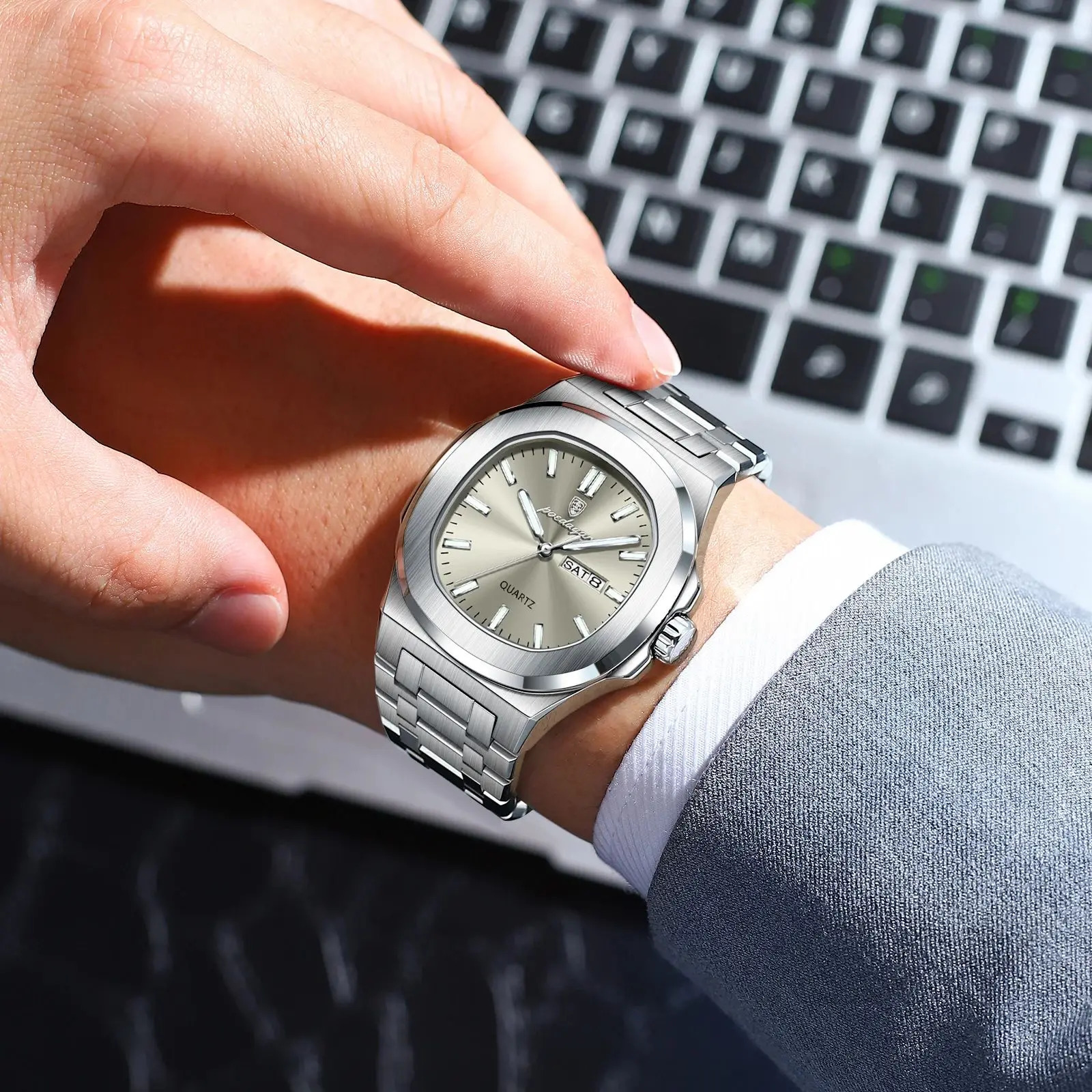 POEDAGAR Military Man Watch Square Waterproof Luminous Date Week Men Watch Stainless Steel Quartz Mens Watches Relojbox 260114