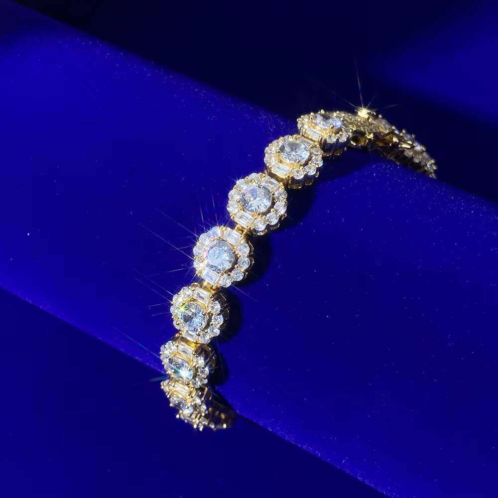 95mm Button Rock Sugar Micro Inset Cubic Zircon Round Gold Plated 14K Iced Sugar 925 Silver Hip Hop Cuban Link Chain Bracelets