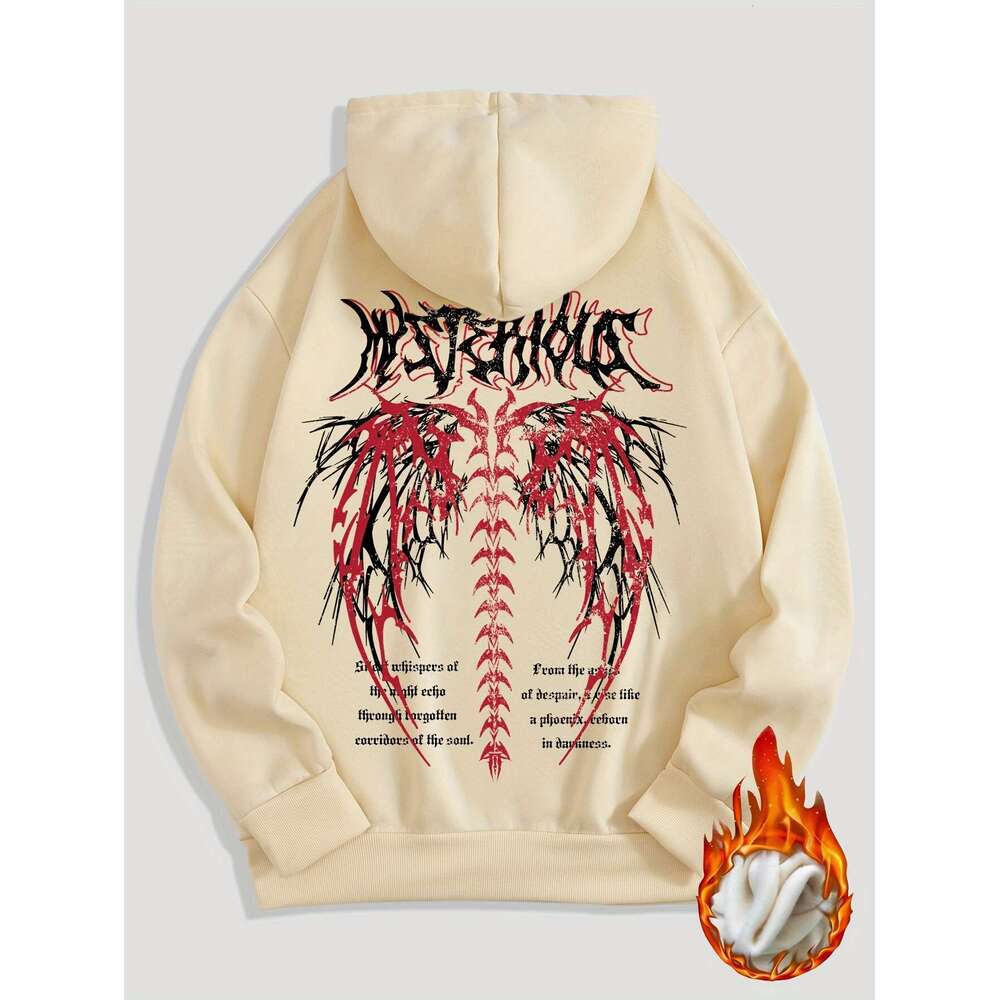 Men's Stylish Hooded Sweatshirt With Fleece, Featuring Skeleton Letters Print On Both The Front Back, Suitable Couples, Long-Sleeved Jacket, Thic