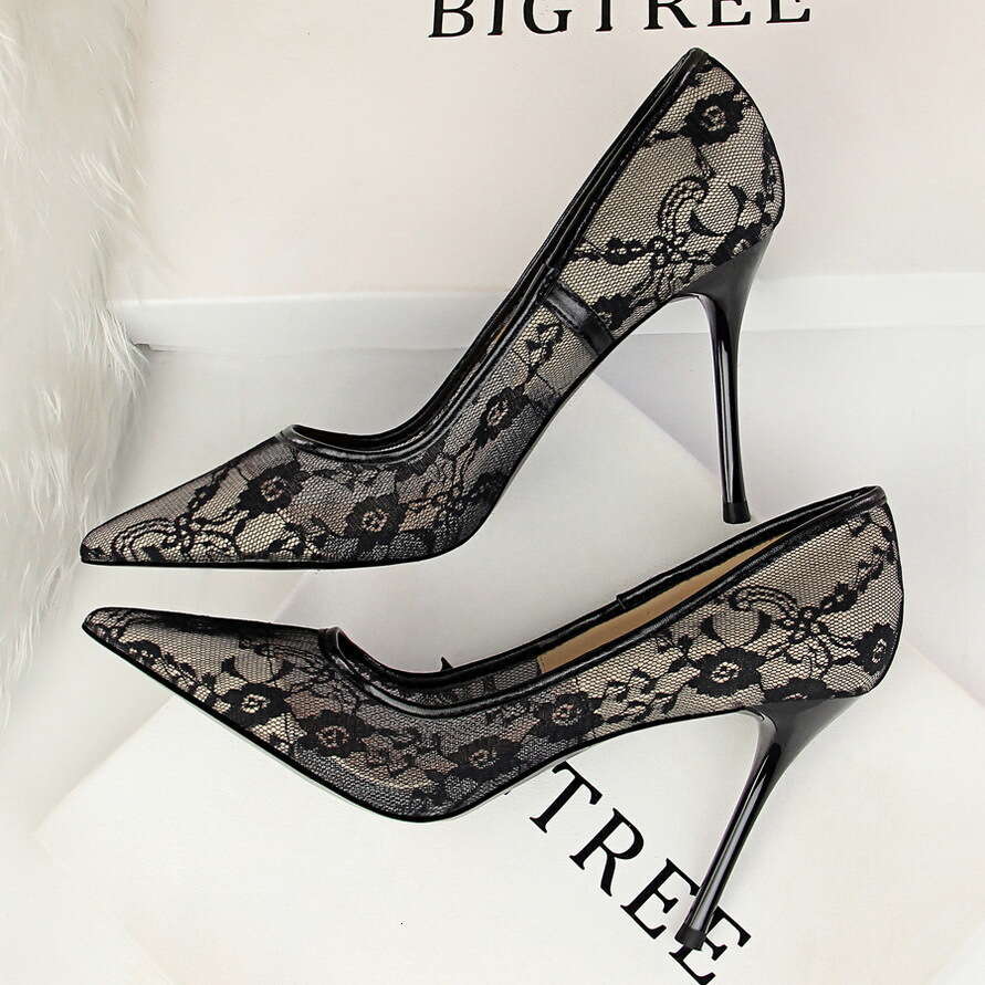 luxury bag Sexy Slimming Heels Women's Thin High Heel Shallow Mouth Pointed Toe Mesh Hollow Lace Single Shoes