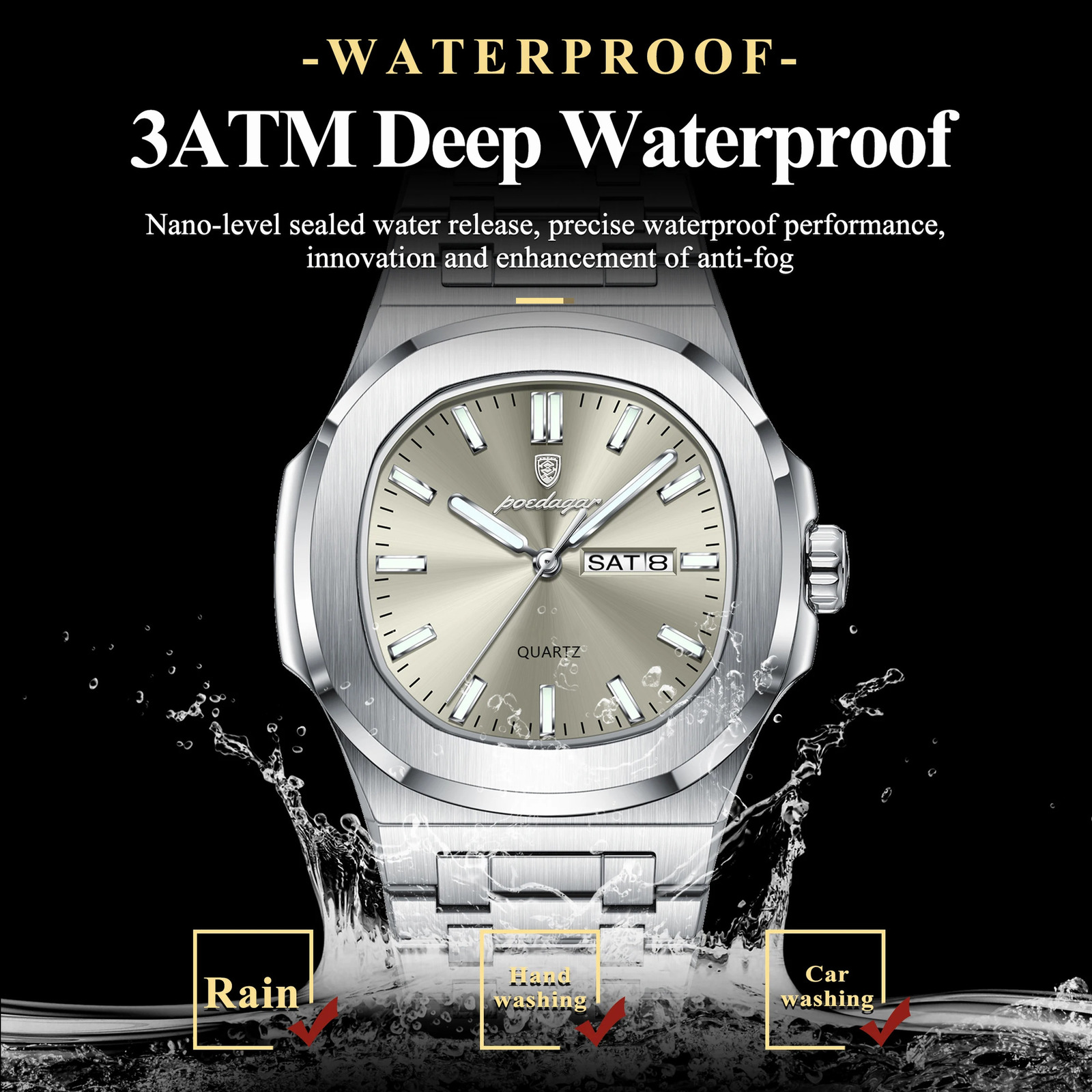 POEDAGAR Military Man Watch Square Waterproof Luminous Date Week Men Watch Stainless Steel Quartz Mens Watches Relojbox 260114