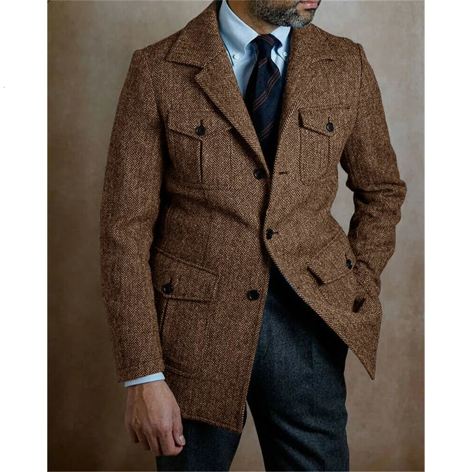 Mens Herringbone Jacket Single Breasted Casual Business Steampunk Stage Suit Jackets Suite for Man in Suits and Blazers 260113 - view 4