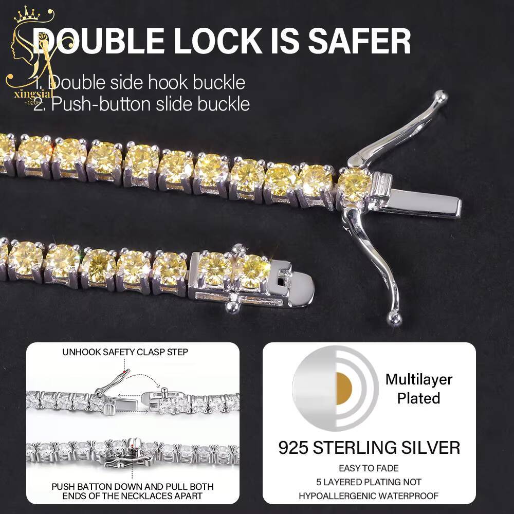 Xingsial Wholesale Hip Hop Jewelry GRA Yellow Color 925 Sterling Silver 3mm 4mm 5mm Vvs Diamond Bracelet Moissanite Tennis Chain