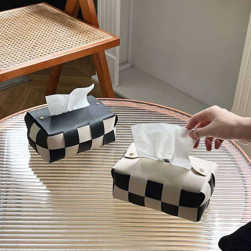 Household Items Checkerboard Woven PU Leather Tissue Box Cover Kitchenware Organizer for Living Room Bedroom Office Outdoor Restaurant Durable
