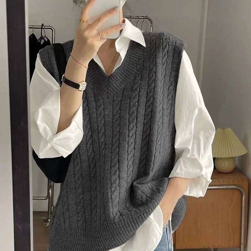 Women V-Neck Sweater Solid Color Sleeveless Loose Preppy Style Pullover Waistcoat Woman Casual Out Wear Knitted Jumper Vest