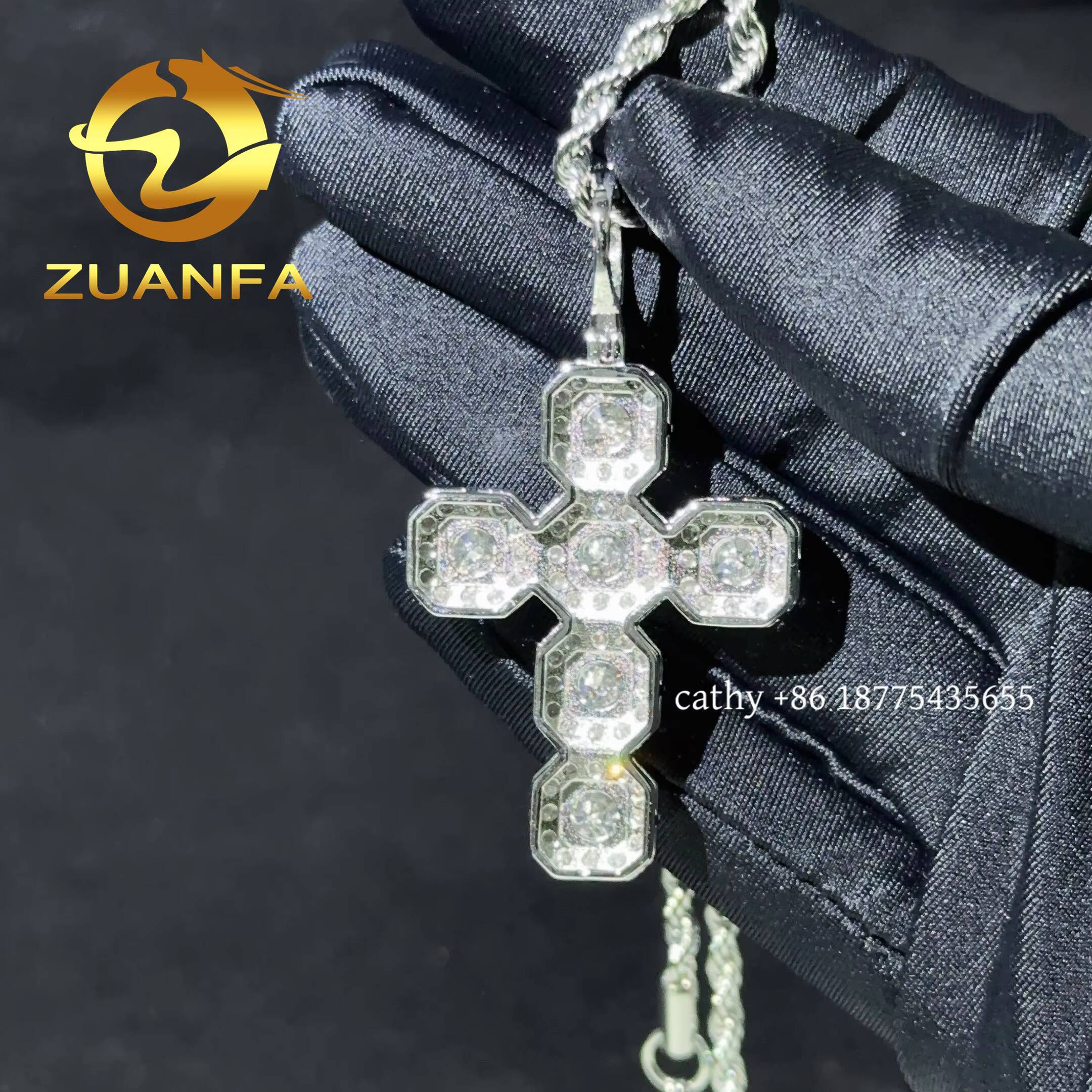 Ready to Ship D VVS Moissanite Hip Hop Iced Out Pendant 925 Silver Cross Pendant With Free Stainless Steel Rope Chain