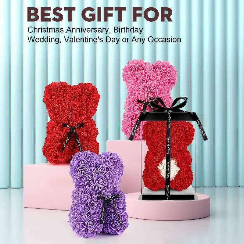 Gifts Women Flower Bear Hand Made Rose Teddy Bea for Valentines Mothers Day Wedding Anniversary Bridal Showers W260114
