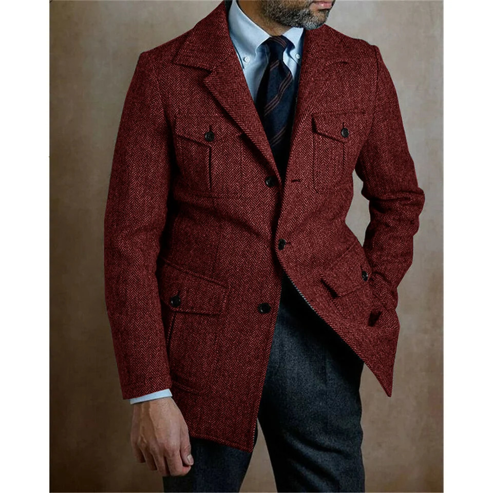 Mens Herringbone Jacket Single Breasted Casual Business Steampunk Stage Suit Jackets Suite for Man in Suits and Blazers 260113 - view 5