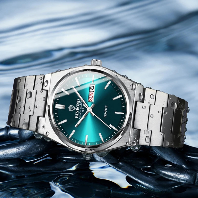 BINBOND Top Men Quartz Watches Original Watch for Man Waterproof Luminous Date Week Stainless Steel Wristwatch Male 260114